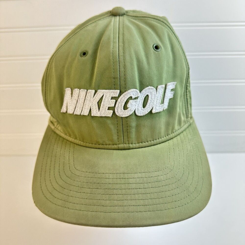 NIKE GOLF Olive Green High Crown Leather Strapback Hat Felt Logo DISTRESSED